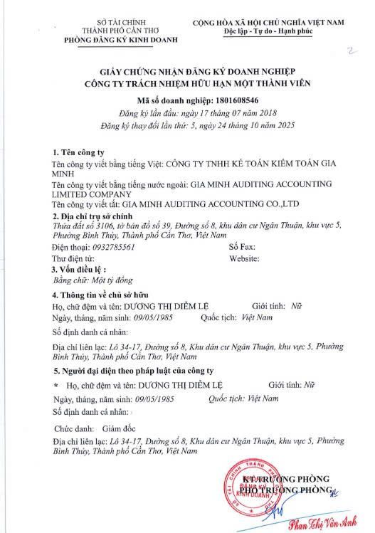 Giấy chứng nhận đăng ký doanh nghiệp Công ty TNHH Kế Toán Kiểm Toán Gia Minh