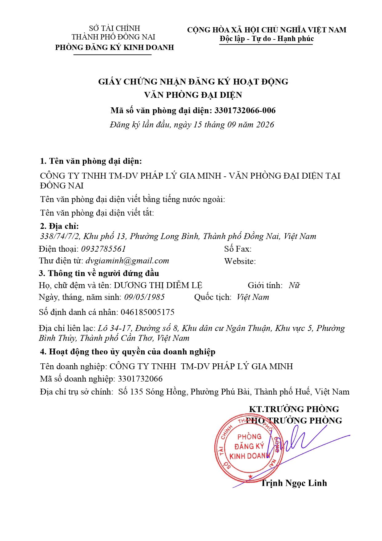 Giấy chứng nhận đăng ký hoạt động văn phòng đại diện tại Đồng Nai